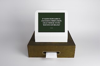 The installation consists of an electronic device and a printer. The device allows visitors to enter go through a naturalisation process by answering specific questions. Each answer, which correspond to a specific value, composes their own unique flower shape.