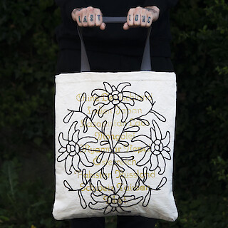 „Mir hend's nöd erfunde!“ ist die erste Kollektion von Adieu Réduit. Sie enttarnt die Herkunft von schweizerischen Identitätssymbolen. Diese Tasche klärt darüber auf, dass das Hauptverbreitungsgebiet des Edelweiss nicht etwa in den Alpen, sondern in Asien liegt.