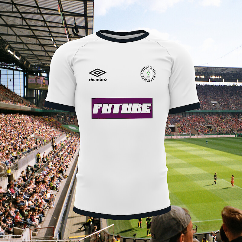 Gestaltungsentwurf eines Fussballtrikots als weiteres Element der Kollektion. Das Hintergrundbild zeigt das Kölner RheinEnergieSTADION während des Pokalfinales 2023 der Bundesliga der Frauen, das für die Recherche aufgenommen wurde.