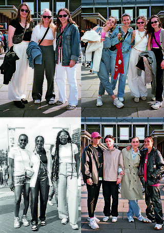 Analoge Porträts und Gruppenbilder von Fussballfans vor dem EM Finale der Frauen 2022 in London und dem Pokalfinale 2023 der Bundesliga der Frauen. Die angesprochenen Fans wurden gebeten, spontan zu posieren. Später wurden die Bilder nach wiederkehrenden Elementen gruppiert. Die Anordnung von jeweils vier ähnlichen Bildern imitiert das Format der Plattform Midjourney, die mittels künstlicher Intelligenz pro Auftrag vier minimal voneinander abweichende Bilder generiert. Die Fotoserien dienten zusätzlich der Visual Ethnography, dem methodischen Teil der Theoriearbeit, und wurden deshalb weder bearbeitet noch inszeniert. Fotos: Laura Rivas Kaufmann